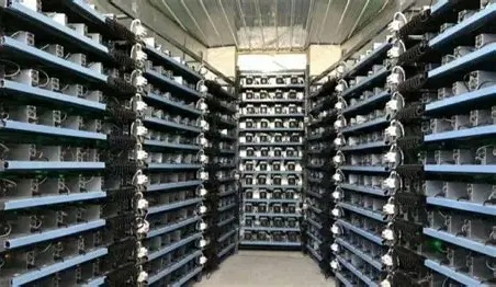 Modern mining farm with powerful mining rigs operating in a climate-controlled environment