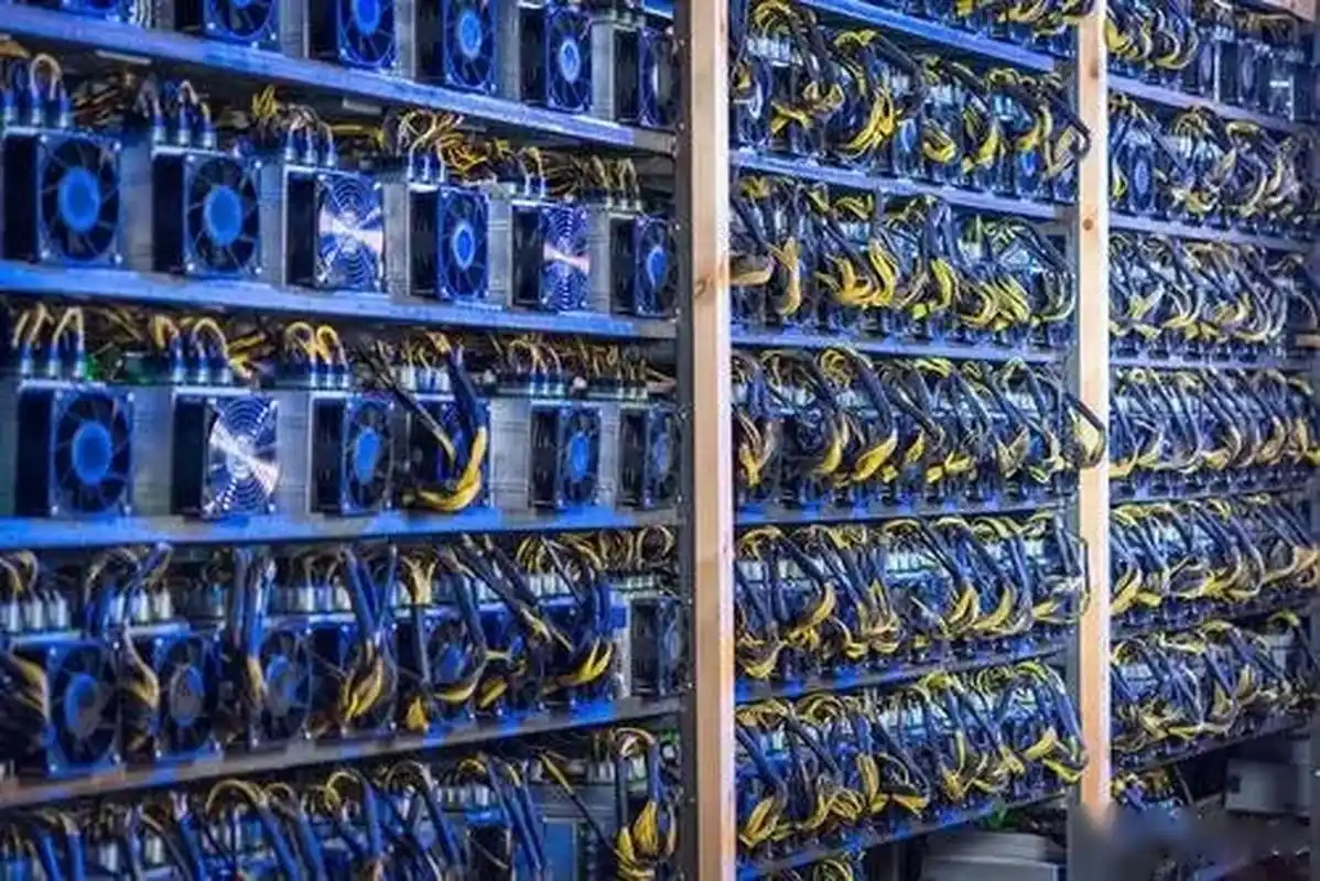 A vast mining farm with rows of hosted rigs, emphasizing security and scalability